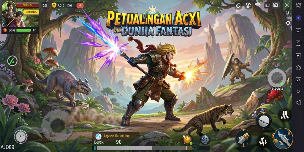 Tangkapan layar utama AJO89 menampilkan aksi pertarungan mendebarkan di dunia fantasi.