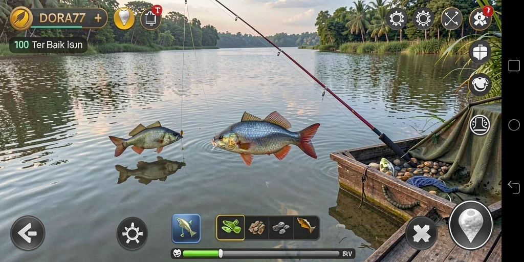 Gameplay DORA77 menampilkan aksi memancing yang seru dan menantang.
