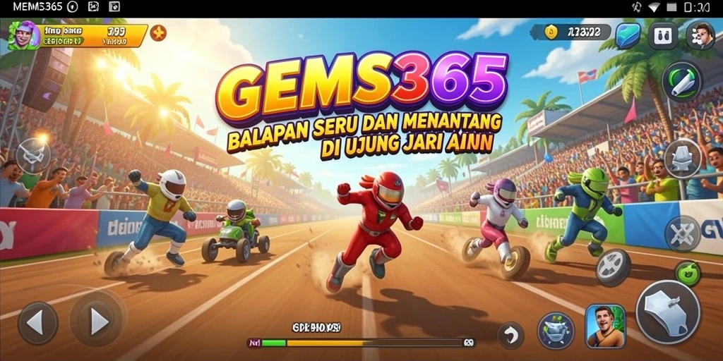 Tampilan gameplay GEMS365 dengan aksi balap yang mendebarkan.