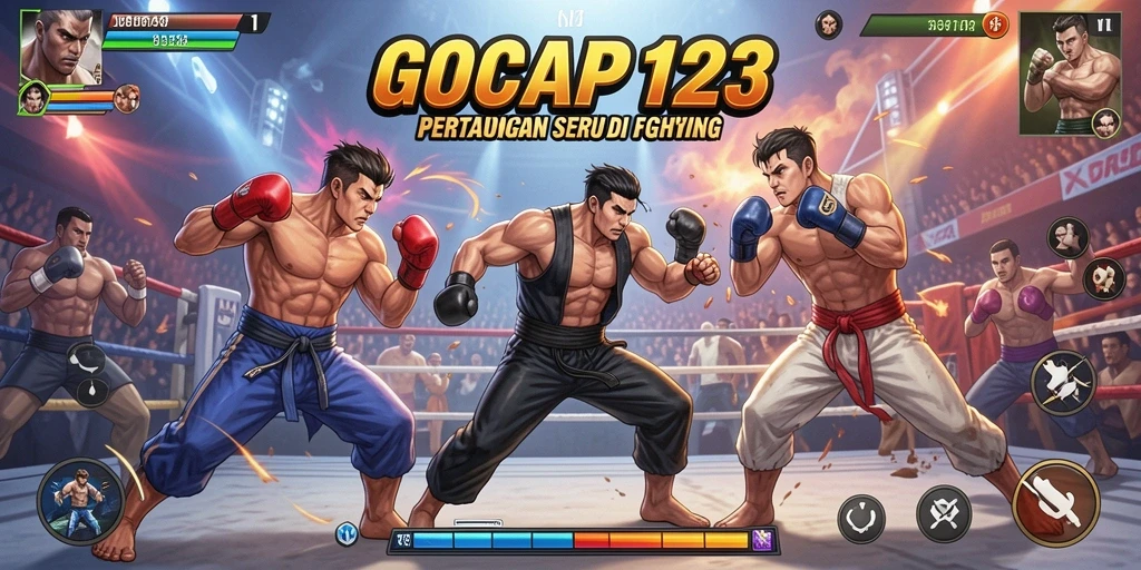 Screenshot GOCAP123 menunjukkan pertarungan epik antara karakter yang beraksi.