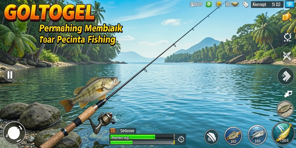 Screenshot gameplay GOLTOGEL menampilkan aktivitas memancing yang seru.