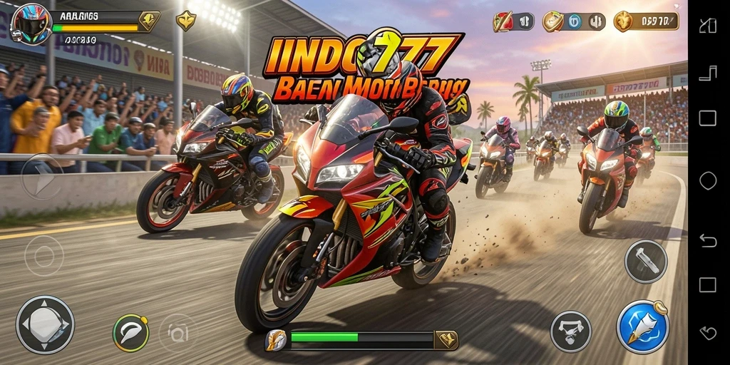 Screenshot utama INDO777 menampilkan aksi balapan motor yang mendebarkan.