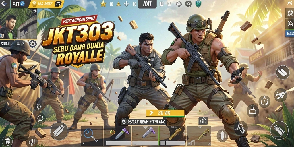 Screenshot gameplay JKT303 menunjukkan aksi pertarungan Battle Royale yang mendebarkan.