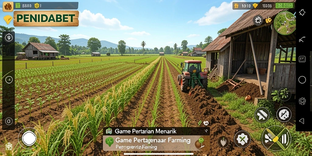 Tampilan gameplay PENIDABET dengan ladang yang subur dan interaksi petani.